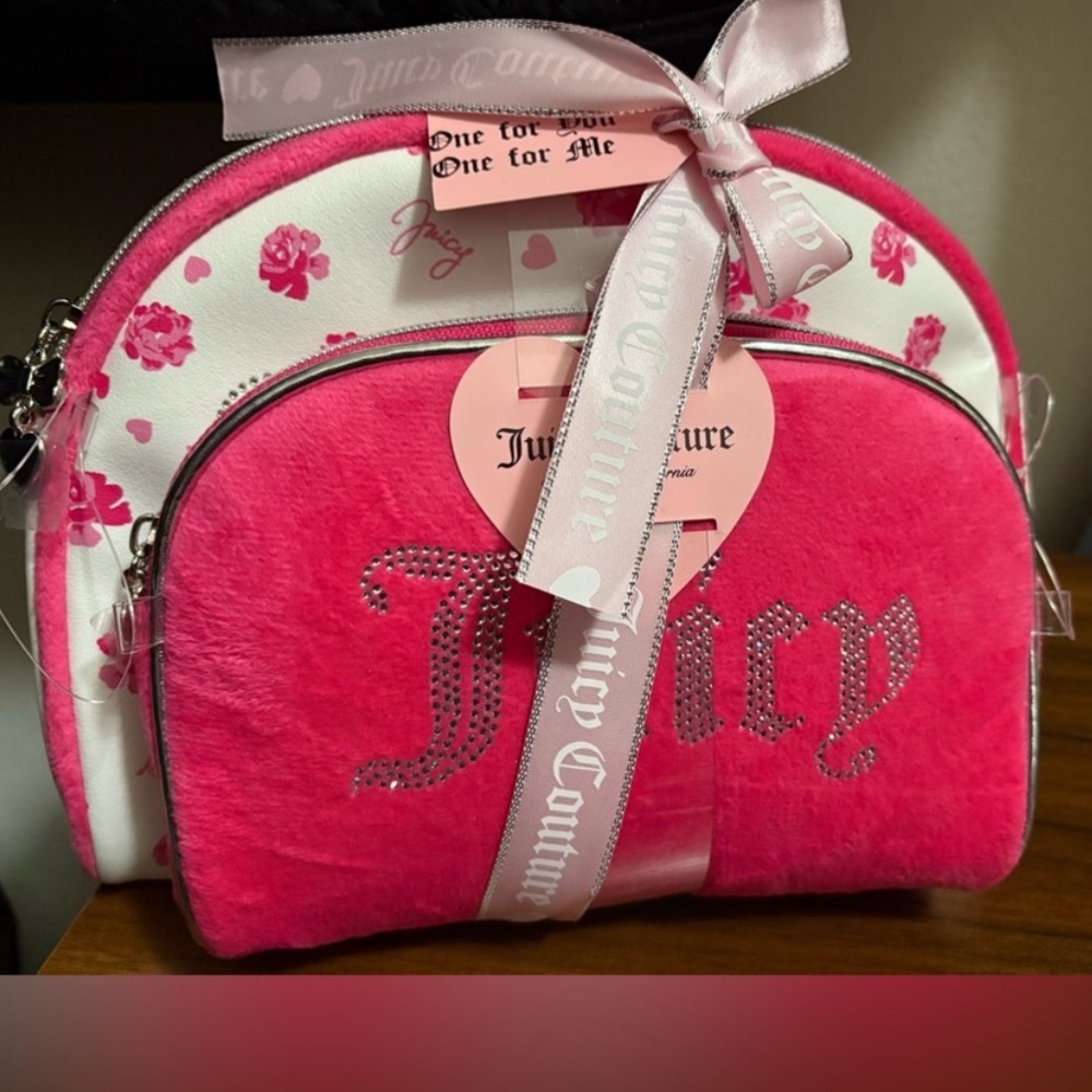2-piece Juicy Couture Pink and White Cosmetic Bag Set with Ribbon Detail NEW